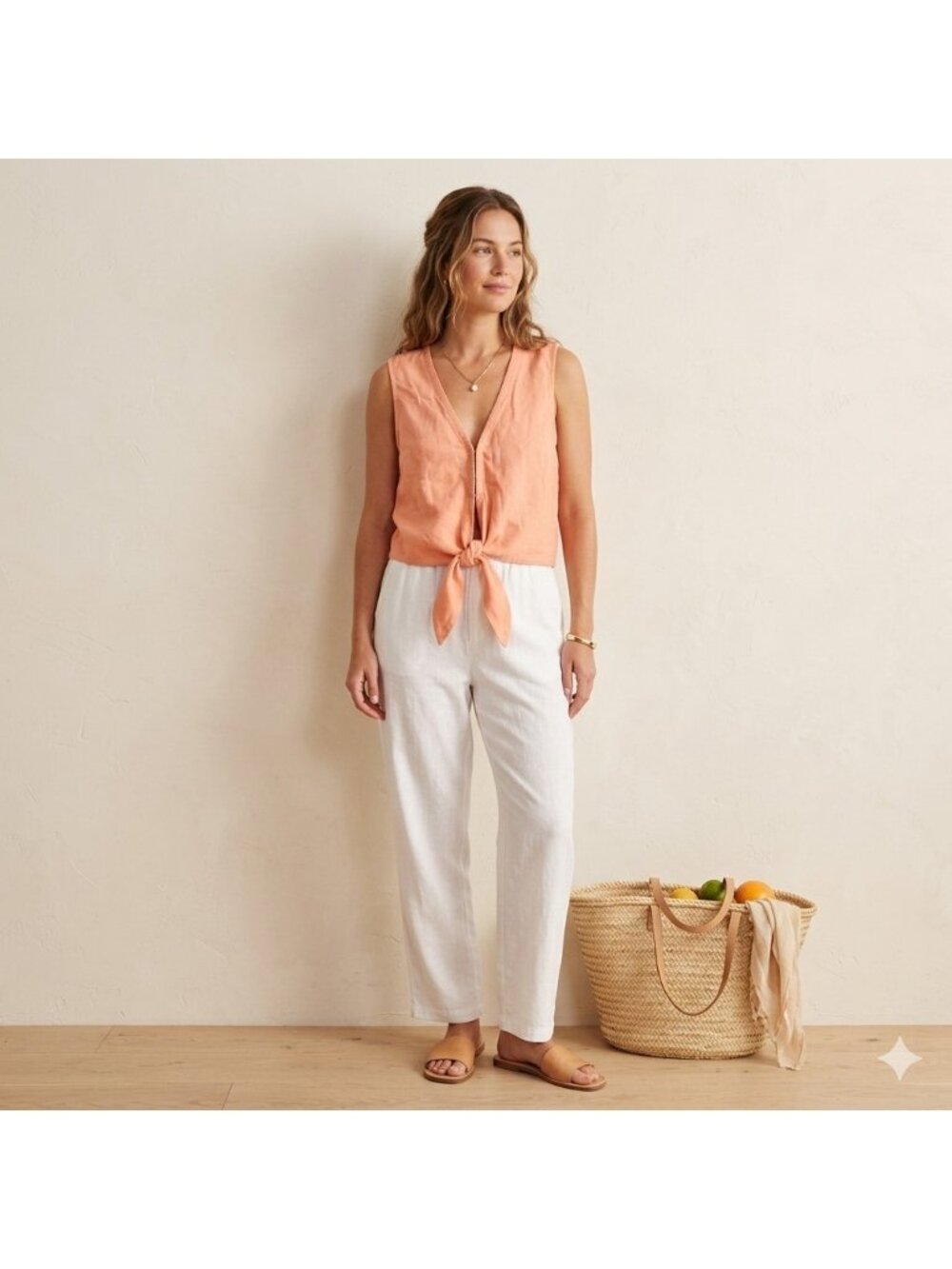 Abercrombie & Fitch Cropped Top Womens L Coral Tie Front Linen Blend Sleeveless - Picture 2 of 16